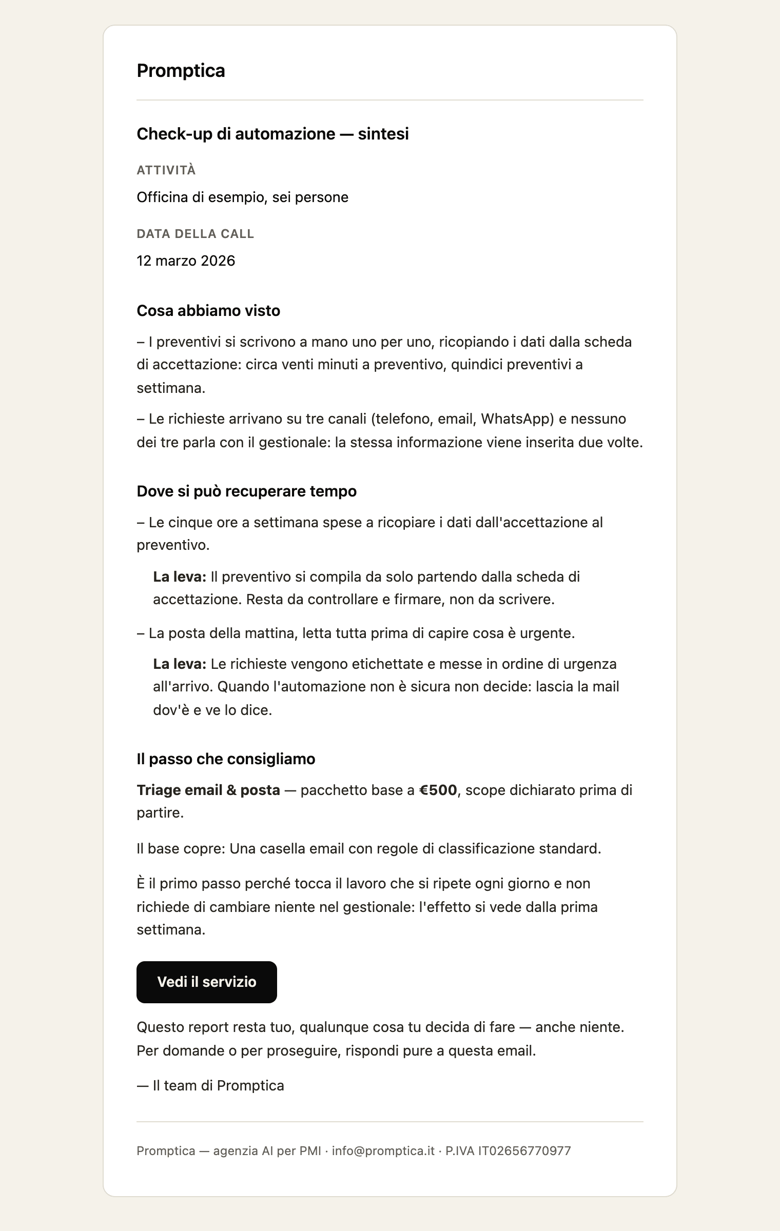 Il mini-report di una pagina: attività e data della call, cosa abbiamo visto, dove si può recuperare tempo con la leva accanto a ogni punto, e il pacchetto consigliato col suo prezzo