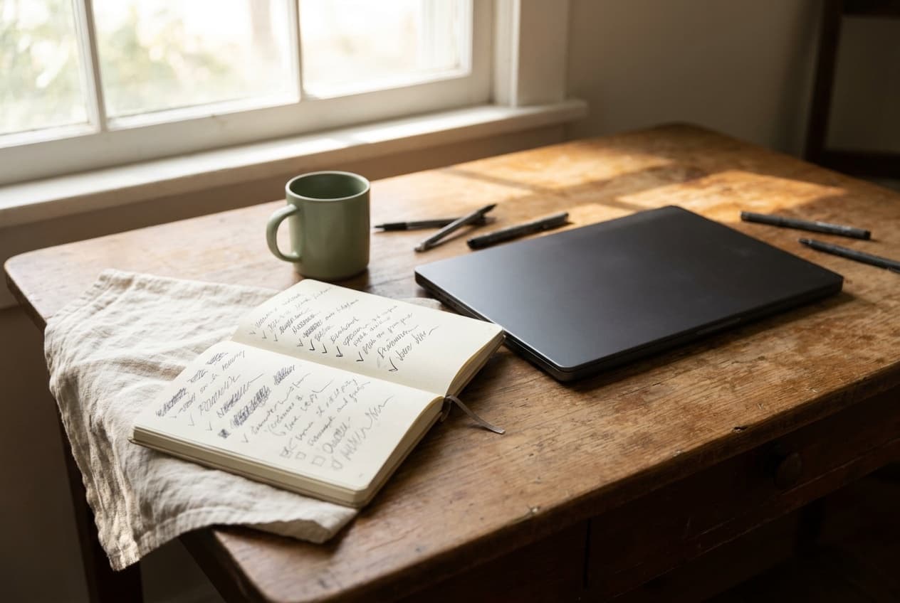 Taccuino aperto con appunti e checklist accanto a un laptop chiuso, su una scrivania in legno vicino a una finestra